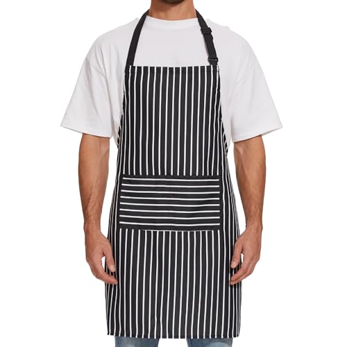 Will Well Kitchen Apron for Men and Women - 33" x 27" Oil-and-Water-Resistant with Adjustable Neck Strap and 38" Waist Ties for a Snug Fit, Lightweight with 2 Front Pockets - 1-Pack, Black - color: 06 - Black Stripe, size: 1 Pack