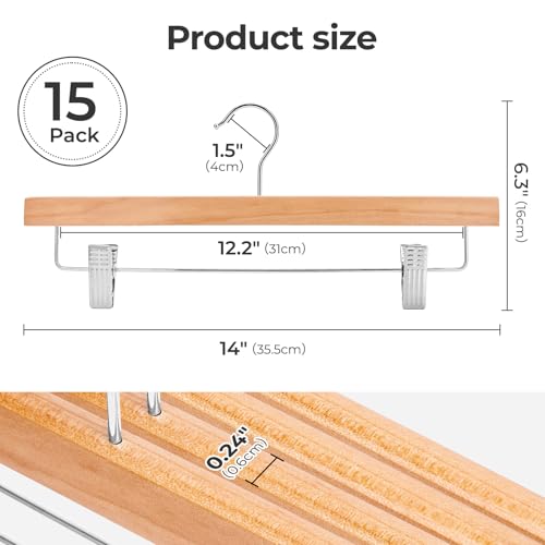HOUSE DAY Wooden Pants Hangers with Clips, 15 Pack Skirt Hangers, Natural - color: Natural, size: Pack of 15
