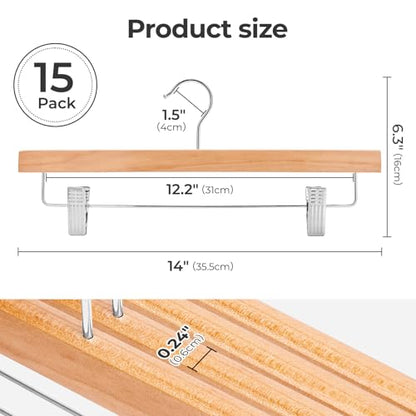 HOUSE DAY Wooden Pants Hangers with Clips, 15 Pack Skirt Hangers, Natural - color: Natural, size: Pack of 15