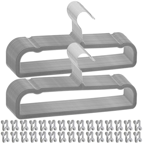 Pants Hangers Space Saving, 30 Pack Velvet Hangers for Closet with 30 Hooks, Strong Durable Non Slip Slim Clothes Hanger, Ultra Soft Flocked Hanger for Pants, Shirts, Bra, Shorts (Grey) - color: Gray