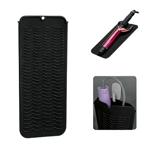 Heat Resistant Silicone Mat with Hanging Hole, Straightener Heat Resistant Travel Mat & Pouch for Curling Iron, Flat Iron and Other Hot Hair Styling Tools, 11 x 5 in, Black - color: Black, size: 1 Pack