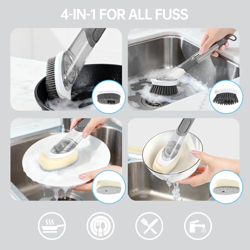 Soap Dispensing Scrub Dish Brush Head Replacements - 4 Kitchen Cleaning Brush Dish Wand Head, Scraper Heads for Stubborn Grime on Pots Pans, Stand/Hang Storage-Grey,Father's Day - color: Grey White