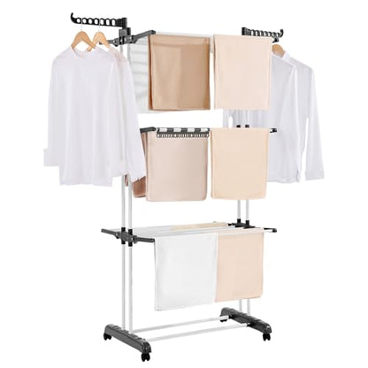 VEVOR Clothes Drying Rack, 4-Tier Foldable Laundry Dryer Rack, Metal Drying Racks with 24 Drying Rods, Free-Standing and Portable Hanger with 4 Castors and Two Side Wings for Outdoor & Indoor Use