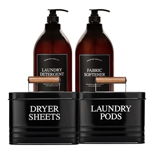 Calindiana Modern Farmhouse Liquid Laundry Detergent and Fabric Softener Dispenser, Dryer Sheets Holder and Laundry Pods Holder Bundle for Laundry Room Organization and Storage, Laundry Room Decor