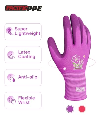PACIFIC PPE 2 Pairs Gardening Gloves for women and Ladies, Rubber Coated Garden Gloves, Outdoor Protective Work Gloves, Small, Pruple & Red - color: Purple+red, size: Small (Pack of 2)