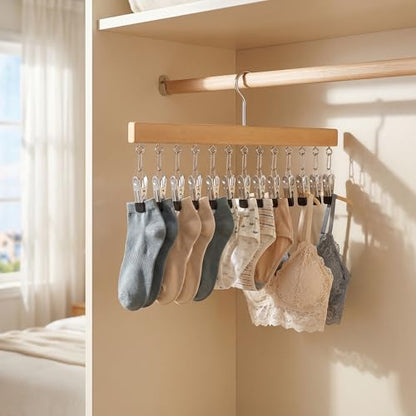 Pure Wood Rotating Closet Organizer with 12 Clips, Legging Hangers for Closet Organizer- 360 Rotating Metal Clips with Silicone Lining, Space Saving Hanging for Jeans Skirts Socks (1)