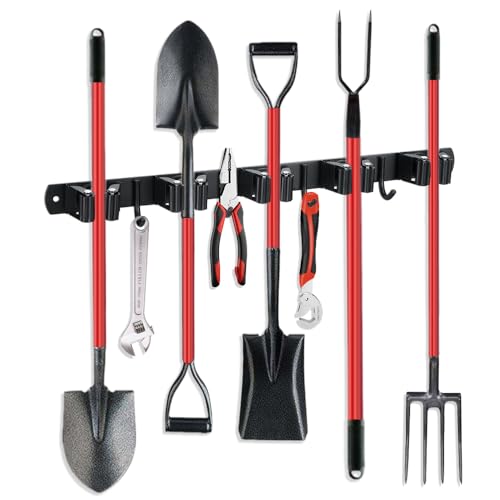 JAMEND CLXP Broom Hanger and Mop Holder, Heavy Duty Garden Tool Organizer Rack Rake and Shovel Handle, Stainless Steel Wall Mounted Utility Rack with Screws (5 Racks with 4 Hooks, Matte Black). - color: 1 Pack, size: 5R4H