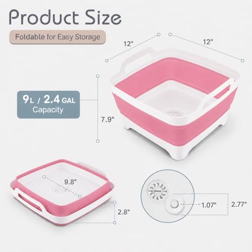 Collapsible Dish Basin with Drain Plug, Foldable Wash Basin 2.4 Gal (9L) - color: Pink