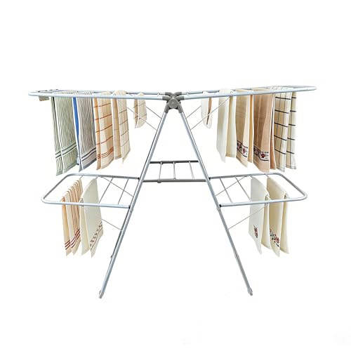 Clothes Drying Rack, Foldable 2-Level Laundry Racks for Drying Clothes Rack,Stainless Steel Drying Rack Clothing Collapsible for Indoor Outdoor,with Height-Adjustable Wings,Gray - size: 2-Level