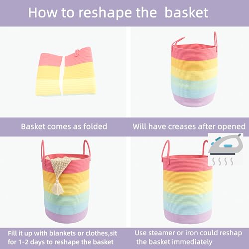 Woven Cotton Rope Laundry Basket, 15" x 20" Laundry Hamper, Rainbow - color: rainbow, size: Regular
