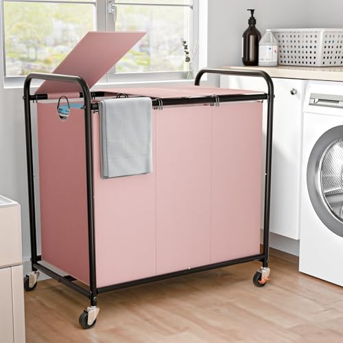 180L Laundry Sorter 3 Section, Rolling Laundry Basket with Wheels and Lid - color: Pink-3Sec, size: 47.55Gal