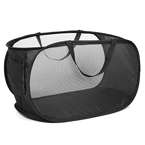 Durable Collapsible Laundry Baskets, Mesh Pop Up Laundry Hamper with Side Pocket, Foldable Clothes Storage Hamper with Reinforced Carry Handles for Laundry, Bathroom, Kids Room, Dorm or Travel Black - color: 1 x Black