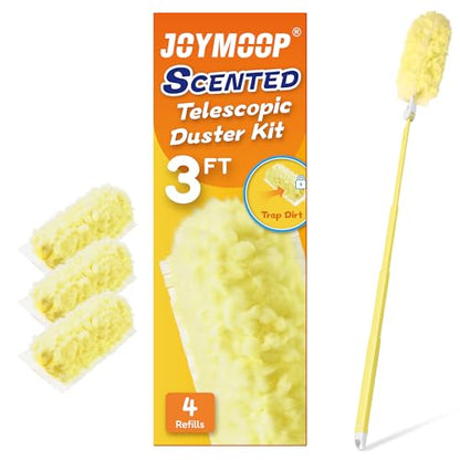JOYMOOP Scented Telescopic Duster kit, 3FT Extendable Handle (Yellow) + 4 Yellow Refills for Swiffer Feather Duster,Easy Cleaning for Ceilings, Ceiling Fans, Blinds, Vents & Shelves - color: Yellow[extendablehandle]*1+yellow[refills]*4