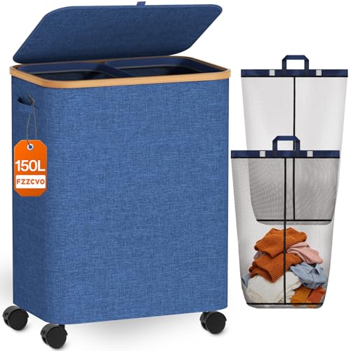 Double Laundry Basket with Wheels and Lid, 150L Clothes Hampers for Laundry - color: Blue, size: 150L