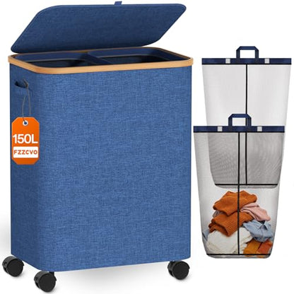 Double Laundry Basket with Wheels and Lid, 150L Clothes Hampers for Laundry - color: Blue, size: 150L