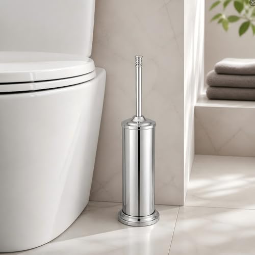 Chrome Toilet Brush and Holder Set，Extra Long Handled Toilet Bowl Brush and Holder，Stainless Steel Heavy Duty Toilet Brush for Bathroom,Deep Cleaning Modern Toilet Cleaner Slip Base - color: Chrome