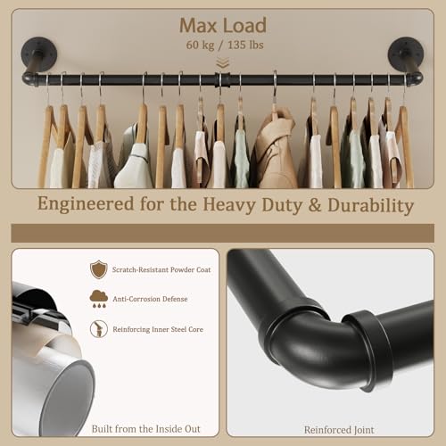 Wall Mounted Clothes Rack, Industrial Pipe Clothing Rack 40 Inch Black, Wall Clothes Hanger for Bedroom, Cloakroom, Closet, Hallway, Boutique Display, Drying Racks Wall-Mount for Laundry - color: Black, size: 40 Inch