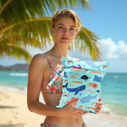 Wet Bag for Swimsuit, Beach Travel EssentialsMarine Animals Pattern Wet Dry Bag, for Sunscreen Toiletry Dirty Clothes Yoga Gym Diaper, Friends Summer Beach Vacation Essentials Gifts - color: Marine Animals