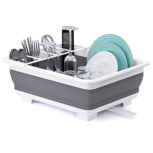 THANSTAR Collapsible Dish Drying Rack Portable Dinnerware Drainer Organizer for Kitchen RV Campers Travel Trailer Space Saving Kitchen Storage Tray - color: Gray/White