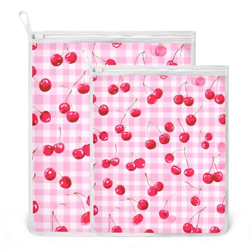 Mesh Laundry Bags Lingerie Bags for Washing Delicates 2 PCS Durable Wash Bag with Zipper Small and Medium Washable Pink Juicy Checkered Cherry - color: Pink Juicy Checkered Cherry