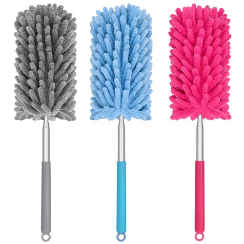 Mini Duster for Cleaning, 360° Bendable Hand Dusters with Extension Pole, Washable Small Duster for Car Interior, Office, Furniture - color: 3 Pack Blue Grey Red