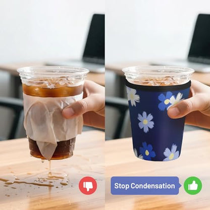 Iced Coffee Sleeve Reusable Neoprene Cup Sleeves, White Floral - color: Blue White Floral