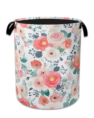 Pink Flowers Laundry Basket,Foldable Waterproof Oxford Cloth Tote Bag Cactus Laundry Hamper with Handles,20.8"x16" Clothes Storage Bucket Organizer for Laundry Room, Bathroom, Bedroom - color: Pink Flowers Cactus