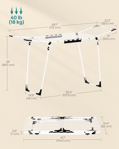 SONGMICS Clothes Drying Rack, Foldable, Heavy Duty, Space Saving - color: White, style: 2 Gullwings（22.2"D)