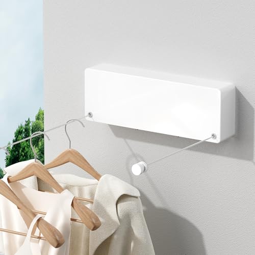 Retractable Clothesline Indoor, Non-Sagging Clothes line retracting Outdoor, Heavy Duty Wall Mounted Laundry Line Adjustable Stainless Steel for Laundryroom, Bathroom, 15.8 Feets Double Lines White - style: White