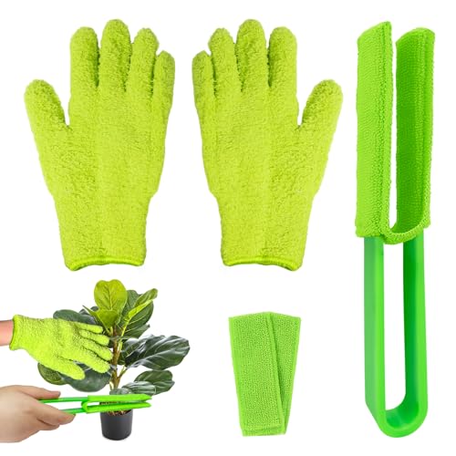 4 PCS Plants Cleaning Set, Include 2 PCS Microfiber Gloves for Plant Dusting, 1 PCS Leaf Cleaner Tong with 2 PCS Separate Cloth Covers Reusable Microfiber Sleeves and Gloves Plants Cleaning Set