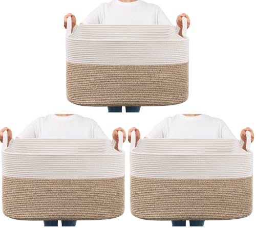 Goodpick Large Woven Blanket Basket, 21.6" x 14.9" x 11.8" Storage Baskets for Organizing, Rectangle Cotton Rope Toy Basket for Living Room, Bedroom, White & Brown (Pack of 3) - color: White & Light Brown, size: Large(21.6"L x 14.9"W x 11.8"H) (Pack of 3)