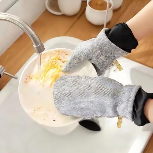 Dishwashing Gloves Nylon Scrubber Cleaning Mittens with PVC Lining & Hanging Strap for Housework Kitchen (Medium) - color: 3 Gloves (Individual Pieces)