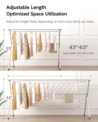 Vikaqi Clothes Drying Rack 63 Inches Folding Indoor Outdoor, Drying Rack Clothing Collapsible, Foldable Portable Laundry Drying Rack, Heavy Duty Laundry Hanger Dryer Rack, with 20 Hooks 12 Clips - size: 63"