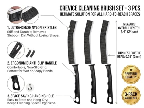3 Pack Crevice Cleaning Brush Set, Hard Bristle Grout Cleaning Brush for Small Spaces, Gap Cleaner Tool for Window Tracks, Bathroom & Tile⁠