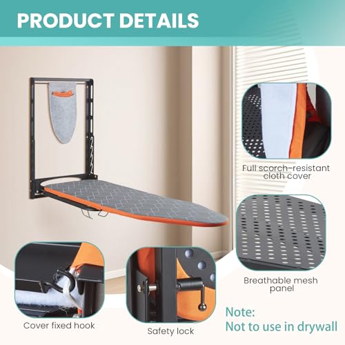 Seiritex Wall Mounted Ironing Board with Iron Holder, 42x14 Compact Mount Foldable Ironing Board for Small Spaces, Space Saving with Cotton Fabric Cover and Silicone Iron Rest - size: 14x42 inches