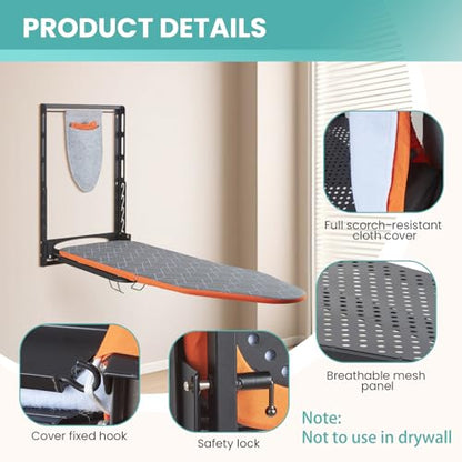 Seiritex Wall Mounted Ironing Board with Iron Holder, 42x14 Compact Mount Foldable Ironing Board for Small Spaces, Space Saving with Cotton Fabric Cover and Silicone Iron Rest - size: 14x42 inches