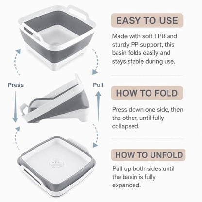Collapsible Dish Basin with Drain Plug, Foldable Wash Basin 2.4 Gal (9L) - color: Gray
