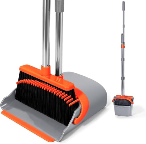YZO Broom with Dustpan Combo Set, 56.1-Inch Long Handle Standing Design, Dustpan Front Rubber Tight Seal, Broom with 5-Layer Bristles, Suitable for Indoor Outdoor(Gray&Orange) - color: Gray&orange