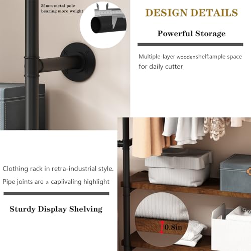 HOMEKAYT Industrial Pipe Clothes Rack,Wall Mounted Clothing Rack with Shelves, Heavy Duty Multi-Purpose Storage Clothes Hanging Shelf - 70.8''L Black - color: black, size: 70.8''L-A