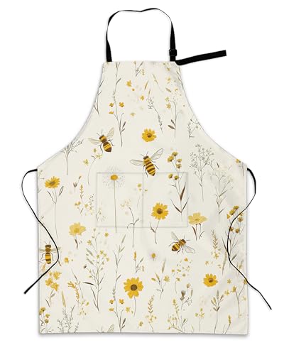 Cooking Aprons for Men and Women,Adjustable Bib Chef Apron with 2 Pockets, Soft and Durability Kitchen Apron - color: Bees Boho Daisy Floral