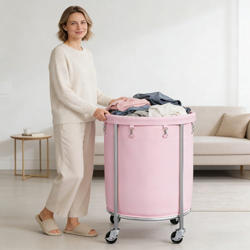 ELYKEN Laundry Basket with Wheels, Round Rolling Laundry Hamper, Pink - color: Pink, size: 190L