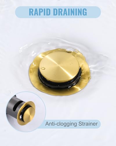 ALEASHA Bathroom Sink Drain with Overflow Vessel Sink Stopper, Pop Up Drain for Bathroom Sink Pop Up Drain Stopper for Hair Catcher, Brushed Gold - color: Brushed Golden, style: With Overflow
