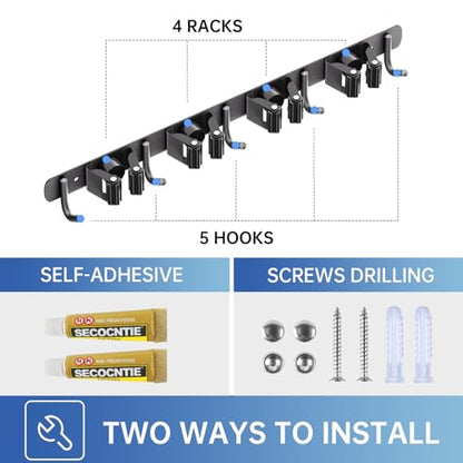 ZONGOOL 2 Pack Mop Broom Holder Wall Mount 4 Racks 5 Hooks Storage Black - color: Black, size: 2Pack 4R5H