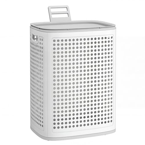 SONGMICS Laundry Hamper with Lid, 75 L Ventilated Basket, Cutout Handles - color: White + Gray, size: Lid