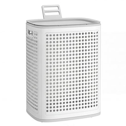 SONGMICS Laundry Hamper with Lid, 75 L Ventilated Basket, Cutout Handles - color: White + Gray, size: Lid