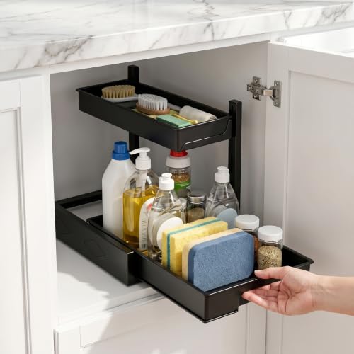 BLULEE 2 Pack Under Sink Organizer, Adjustable Pull Out Storage Rack