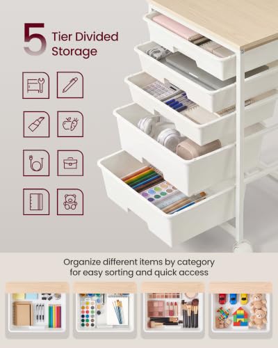 VASAGLE Rolling Cart with Drawers,5 Drawers Storage Cart, White - color: White, size: 5 Drawer