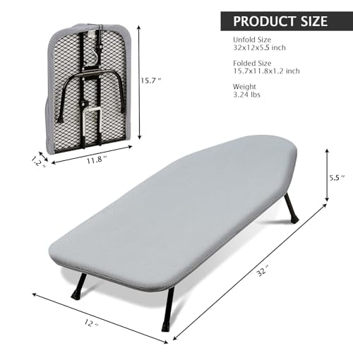 SheeChung Small Ironing Board 12"x32",Mini Ironing Board with Metal Mesh - style: Silver Grey-32x12