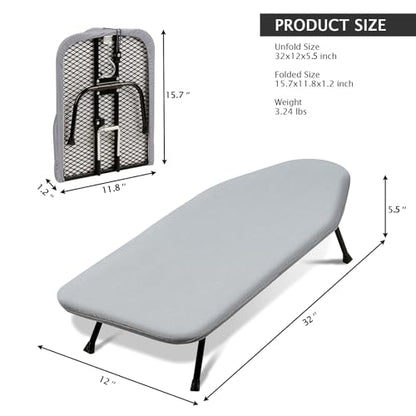 SheeChung Small Ironing Board 12"x32",Mini Ironing Board with Metal Mesh - style: Silver Grey-32x12