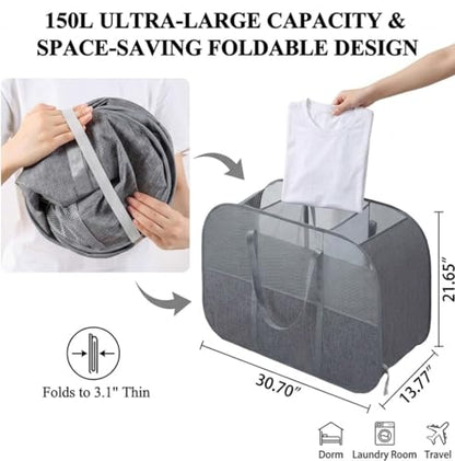 150L Collapsible Laundry Basket, 3-Compartment Hamper, Grey